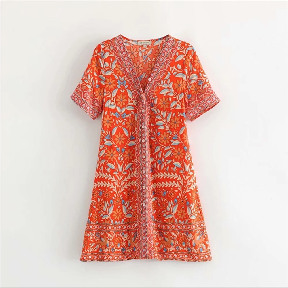 Orange Button Up Boho Floral Gypsy Print Dress - Picture 2 of 9